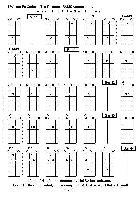 Chord Grids Chart of chord melody fingerstyle guitar song-I Wanna Be Sedated-The Ramones-BASIC Arrangement,generated by LickByNeck software.